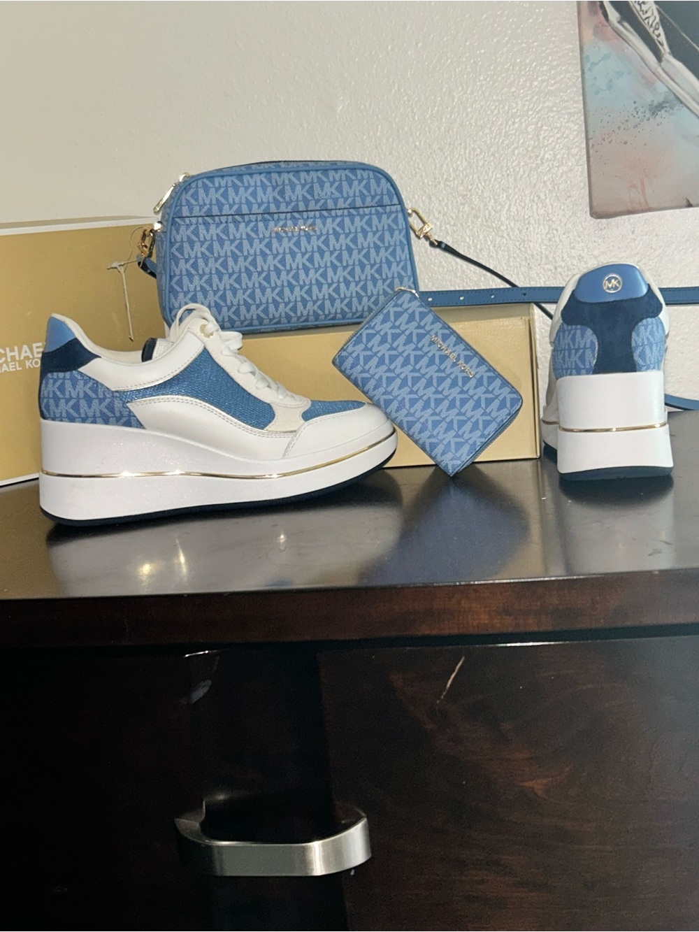 Michael Kors Blue & White MK Logo Sneakers, Crossbody Bag & Card Case